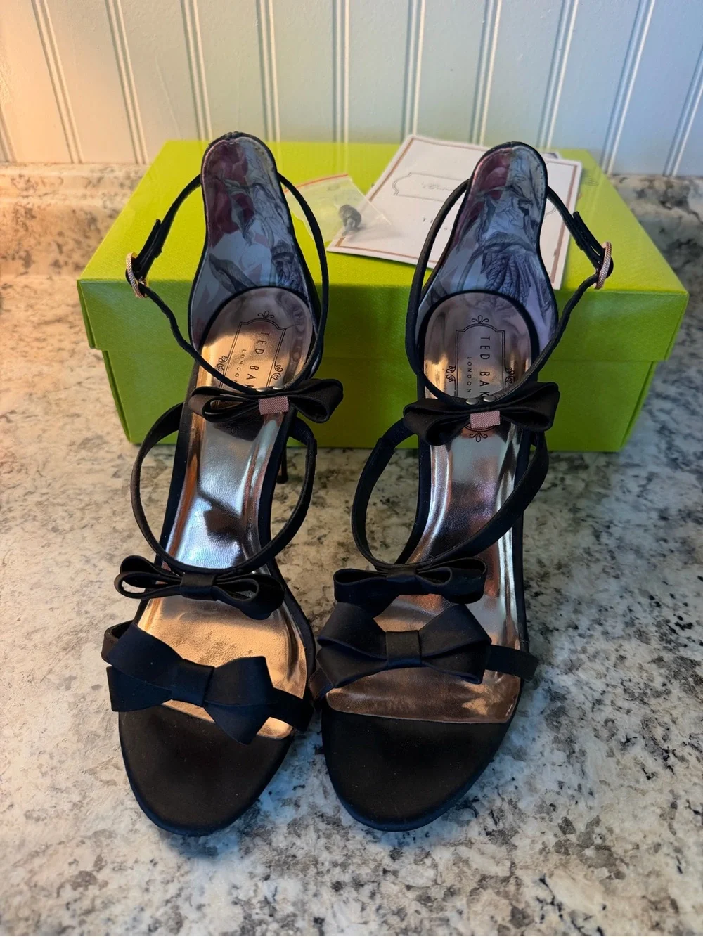 Ted Baker London Black Satin Bow Ankle-Strap Stiletto Sandals Heels Sexy Classy